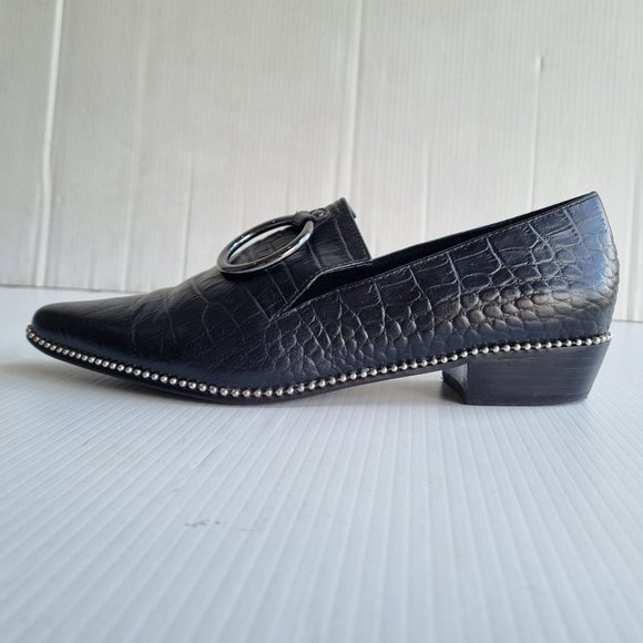 Skin Black Crocodile Print Leather O-Ring Detail Pointed Toe Loafers Size 38 - Picture 5 of 7